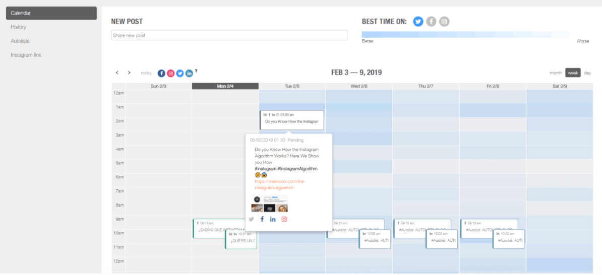 metricool visual content calendar