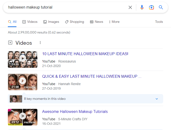 google results screenshot for halloween makeup tutorial