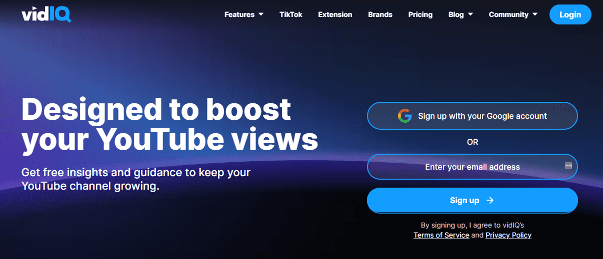 homepage of vidiq - a software application that helps optimize youtube videos.