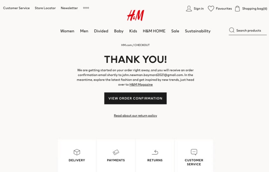 h&m order confirmation page design