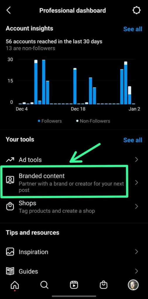 instagram branded content in professional dashboard
