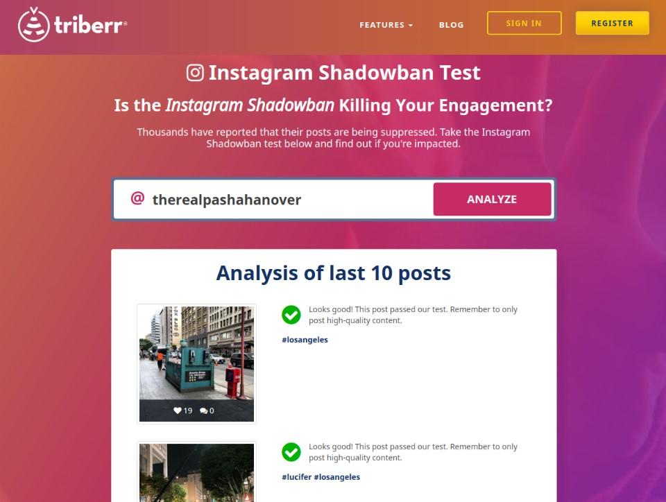triberr instagram shadowban testing tool