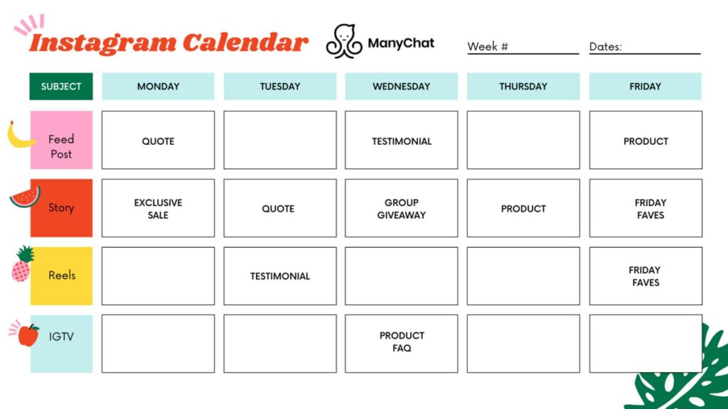manychat weekly instagram content calendar example