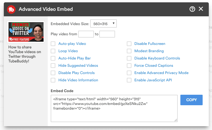 tubebuddy advanced youtube video embedding options