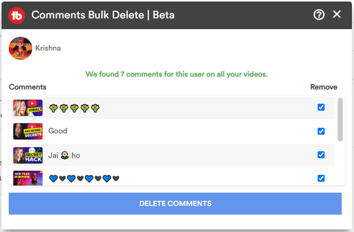 tubebuddy comments bulk delete